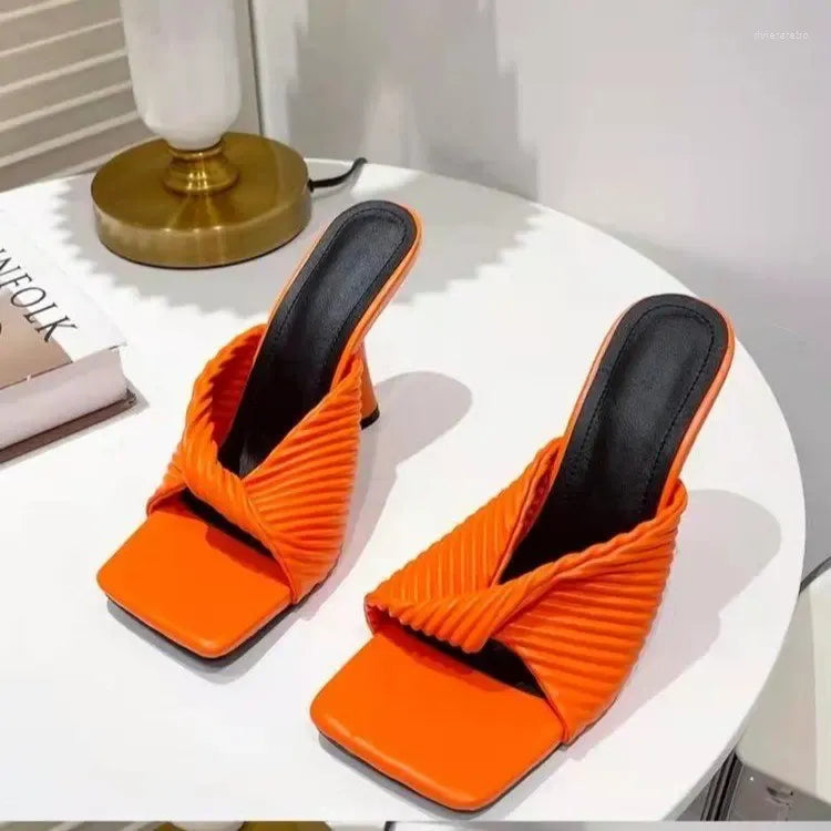 Slippers  Fashion High-heeled Slip-on Women's European And American Candy Color Pleated Stiletto