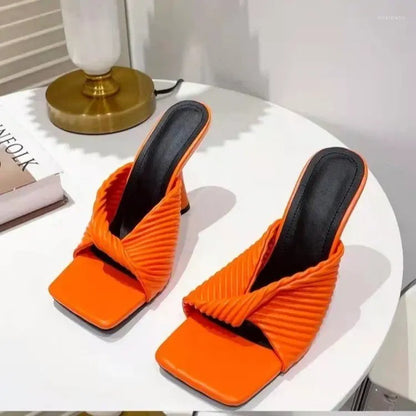 Slippers  Fashion High-heeled Slip-on Women's European And American Candy Color Pleated Stiletto