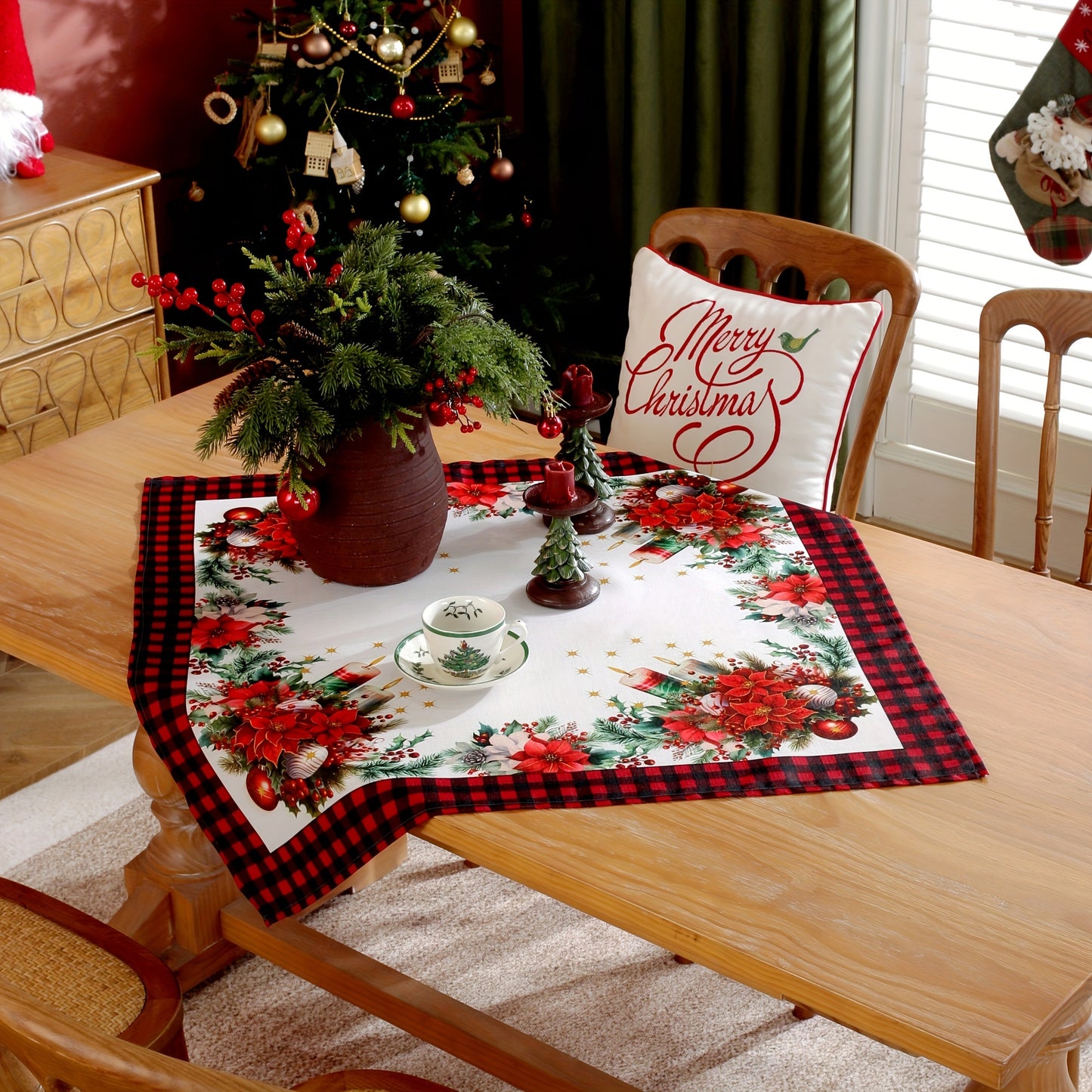 1pc Polyester Christmas Table Runner, Festive Poinsettia & Candle Print, Black & Red Plaid Border, Holiday Table Decor for Home, Family Gatherings, Outdoor Picnics, Kitchen Accessories, Garden Camping, Birthday, Vacation, Wedding Party