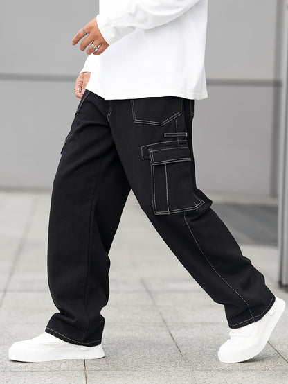Men's Comfy Loose Fit Wide Leg Cargo Jeans - Stylish Multi-Pocket Denim Pants for Four Seasons - Versatile, Breathable, and Soft Fabric for Everyday Wear