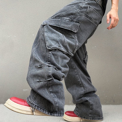 Relaxed Fit Wide Leg Cargo Jeans - Men's Stylish Comfortable Denim Pants for Street Fashion - Loose Fit, Comfy, Fashionable, and Practical