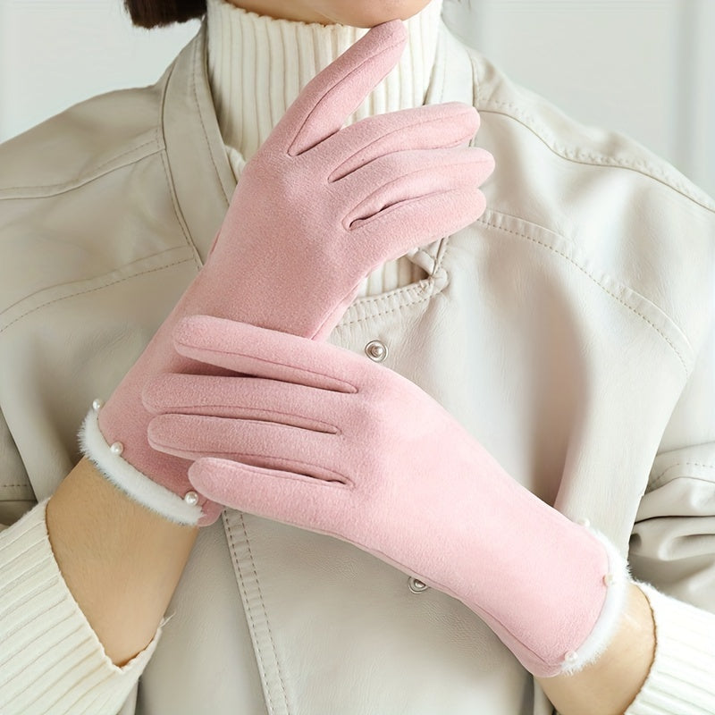 Warm Polyester Full Finger Touchscreen Gloves with Fleece Lining for Women - Casual Knitted Non-slip Thermal Gloves for Winter Driving, Cycling, Weekend Casual - 1 Pair