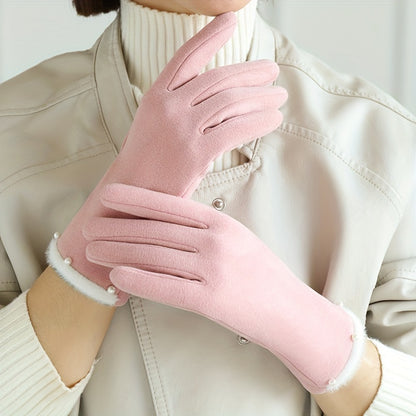 Warm Polyester Full Finger Touchscreen Gloves with Fleece Lining for Women - Casual Knitted Non-slip Thermal Gloves for Winter Driving, Cycling, Weekend Casual - 1 Pair