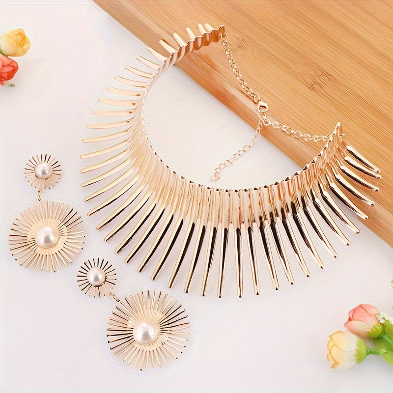 Glamorous Blooming Sun Collar Necklace & Earring Set - Show-stopping, Personalized Design - Durable Alloy Jewelry for Birthday, Festival, Party, Engagement, and Wedding Celebrations - A Timeless Gift Idea for Her