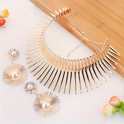 Glamorous Blooming Sun Collar Necklace & Earring Set - Show-stopping, Personalized Design - Durable Alloy Jewelry for Birthday, Festival, Party, Engagement, and Wedding Celebrations - A Timeless Gift Idea for Her