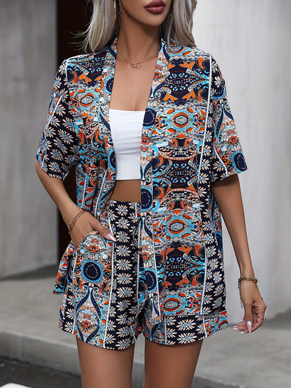 Spring/Summer Chic Motif Cachemire Kimono Set - Casual Elegance Women's Two-Piece Outfit, Durable Non-Elastic Fabric