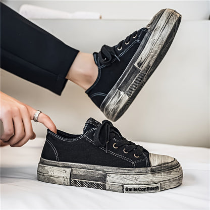 Authentic Vintage Style Men's Canvas Skate Shoes - Distressed Solid Color Lace-Up Low Top Sneakers with Round Toe for Casual Daily Wear, All-Season Fabric Lined Rubber Sole Skateboarding Shoes