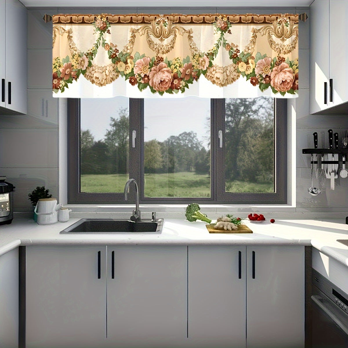 Elegant Floral Pattern Kitchen Curtain 1pc For Kitchen, Bedroom, Office, And Living Room - Semi-Transparent For Privacy And Home Decoration