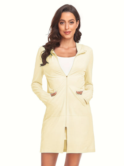 Water-Resistant Long Sports Jacket for Women - Sports Boating & Sailing Outerwear - Hooded, Long Sleeve, Breathable, Windproof, and Quick-Drying Clothing for Running, Hiking, and Outdoor Activities