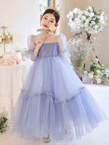 Cute Blue Flower Girls Dresses Long Sleeve Bead Princess Kids Floor Length Bridesmaid Dress Ball Girl Pageant Gown Shiny Bling Birthday Gowns 403