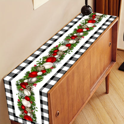 Christmas Table Runner - 1pc Polyester Buffalo Check with Festive Xmas Balls Print, Perfect for Home Decor, Holiday Gatherings, Wedding, Bridal Shower, Birthday, Anniversary - Machine-Washable Table Decor