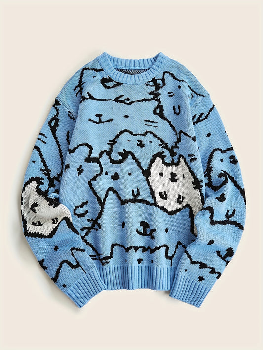 Mens Cozy Cats Pattern Knitted Pullover Sweater - Stylish, Warm & Flexible, Perfect for Fall Winter - Comfortable Crew Neck, Adorable Cat Design