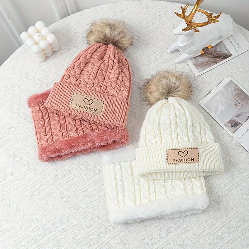 2pcs Warm Pom Pom Knitted Hat And Scarf Set For Boys And Girls