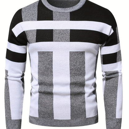 Mens Stylish Color Block Round Neck Stretch Sweater - Soft, Warm, and Trendy Pullover for Winter Outdoor Activities - Perfect for Casual Wear