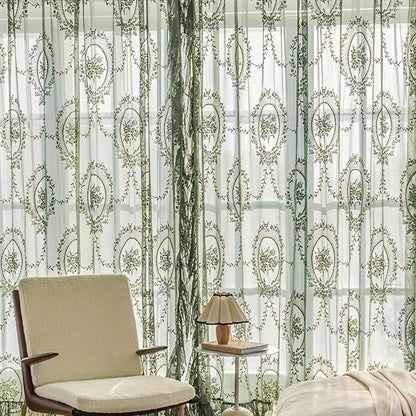1pc Romantic Vintage Green Floral Embroidery Lace Voile Sheer Curtain - Ruffled Short Window Drapery for Bedroom Office Kitchen Living Room Study - Elegant Home Decor with Soft Filtered Light and Privacy