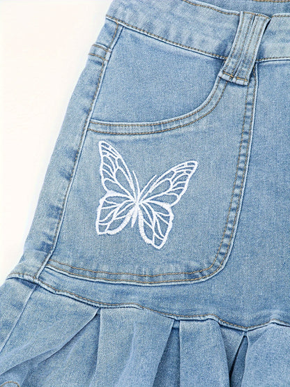 Feminine Embroidered Butterfly Denim Skirt - Stylish High-Waist Mini Skirt with Fluttery Ruffles & Comfortable Fit - Perfect for Summer Fashionistas