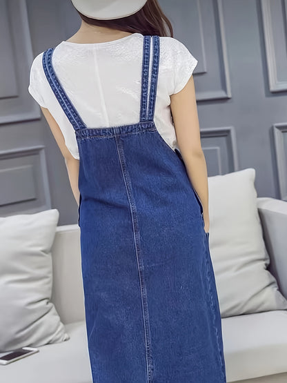 Ripped Denim Overall Dress with Patched Pockets - Trendy Washed Effect, Non-Stretch Casual Style - Perfect Womens Denim Clothing for Everyday Wear