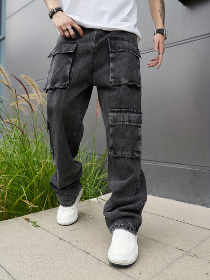 Mens Casual Loose Cargo Jeans - Solid Cotton Blend with Adjustable Drawstring & Multiple Pockets - All Seasons, Rugged for Outdoor, Leisure, and Work Wear