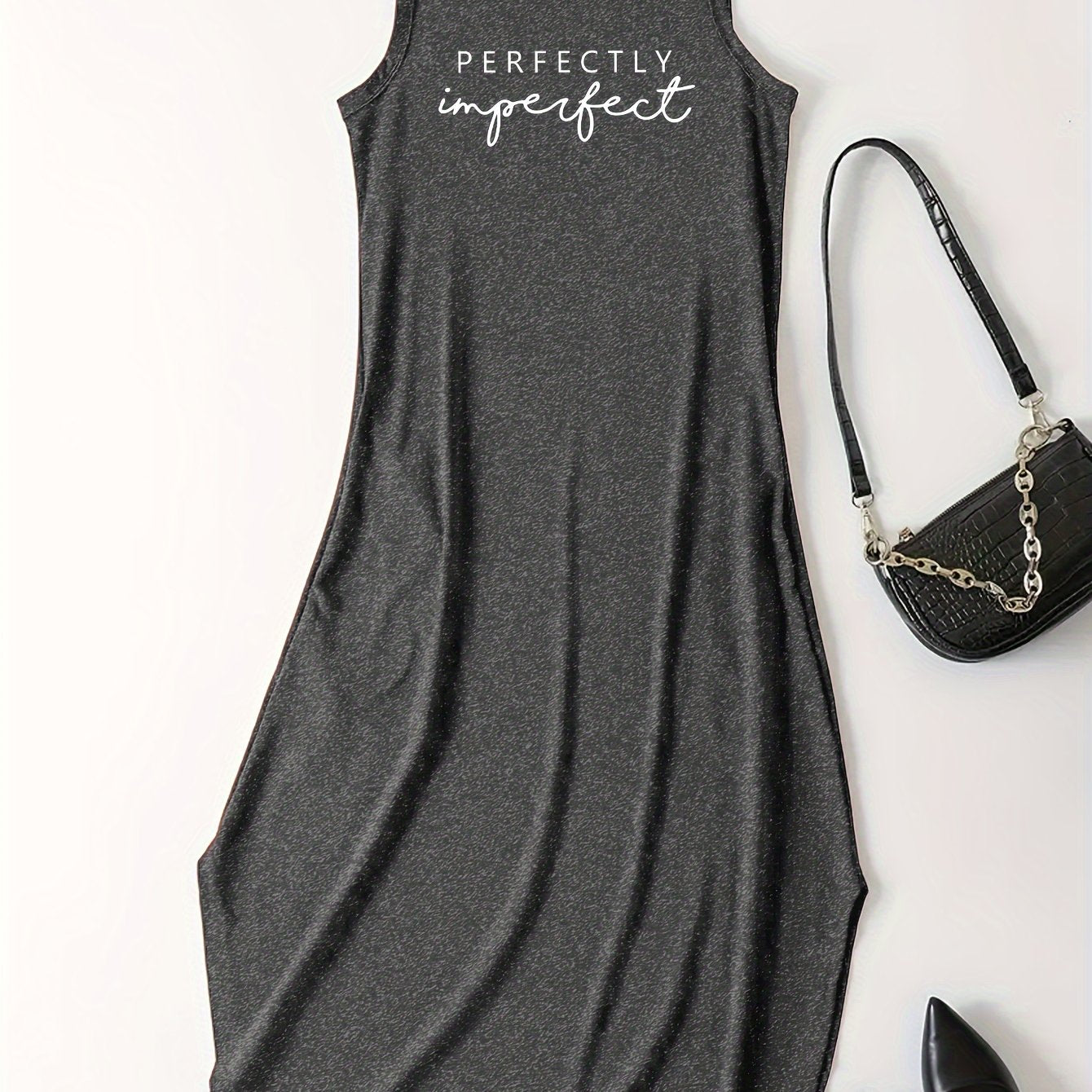 Chic Letter Print Maxi Dress - Casual Crew Neck Sleeveless Style - Comfortable Womens Tank Dress for Everyday Glamour