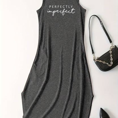 Chic Letter Print Maxi Dress - Casual Crew Neck Sleeveless Style - Comfortable Womens Tank Dress for Everyday Glamour