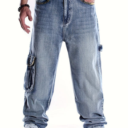 Plus Size Men's Fashionable Multi-Pocket Straight Leg Jeans - Stylish Street Dance and Skateboard Wear with Loose Fit, Round Neck, and Hip Hop Inspiration - Daily Wear for Casual Occasions