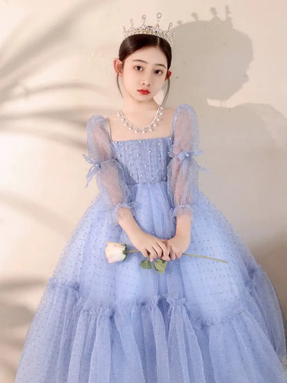 Cute Blue Flower Girls Dresses Long Sleeve Bead Princess Kids Floor Length Bridesmaid Dress Ball Girl Pageant Gown Shiny Bling Birthday Gowns 403