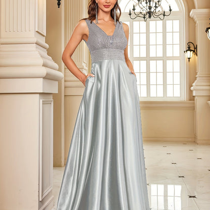 LOVECCR Sequin Sleeveless Bridesmaid Dress, Elegant V-neck Floor Length Dress For Wedding Party, Women's Clothing Wedding/Evening dress/Occasion/Engagement/Ceremony