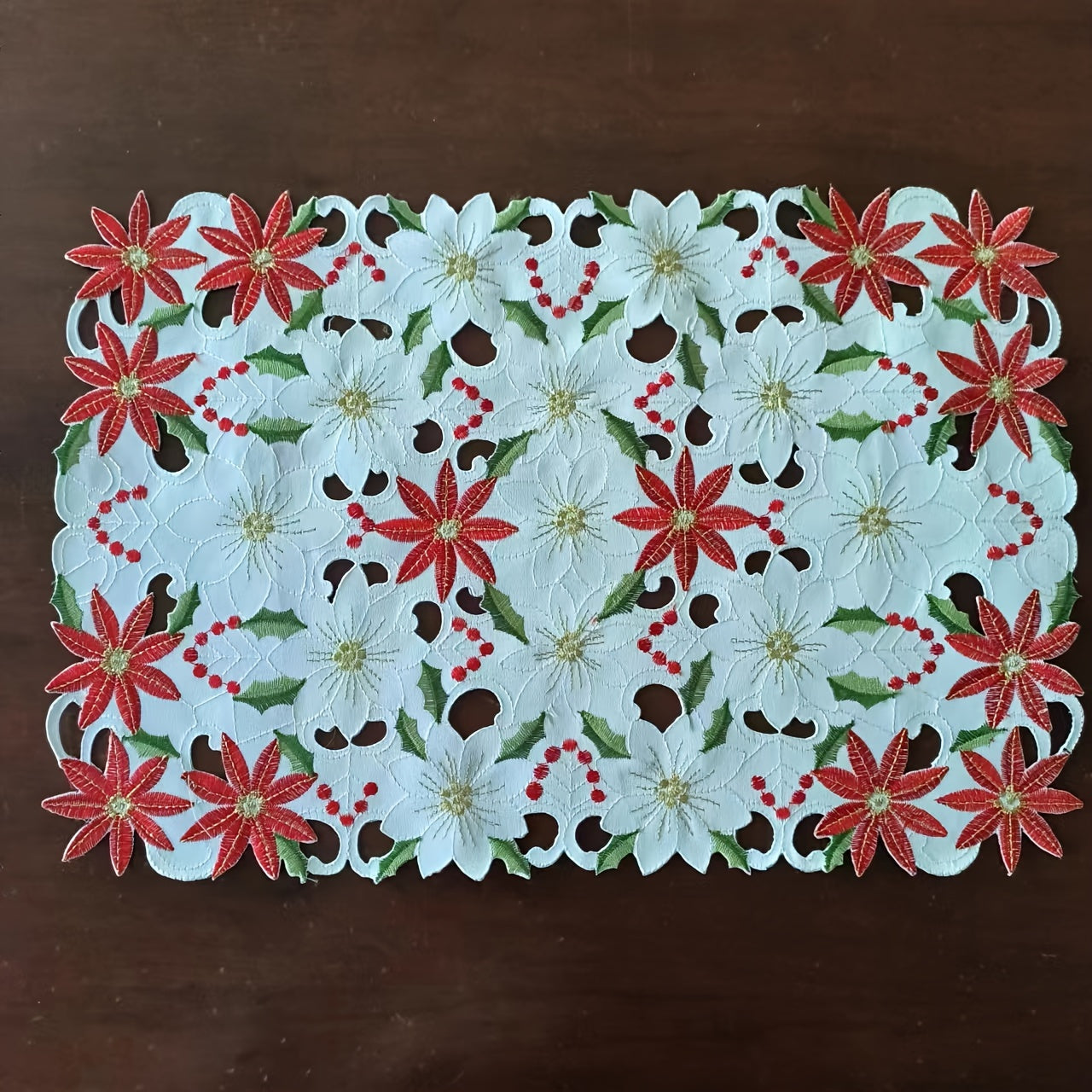 Festive Christmas Floral Embroidered Lace Table Runner and Placemats Set – Elegant Polyester Holiday Decor for Dining Room