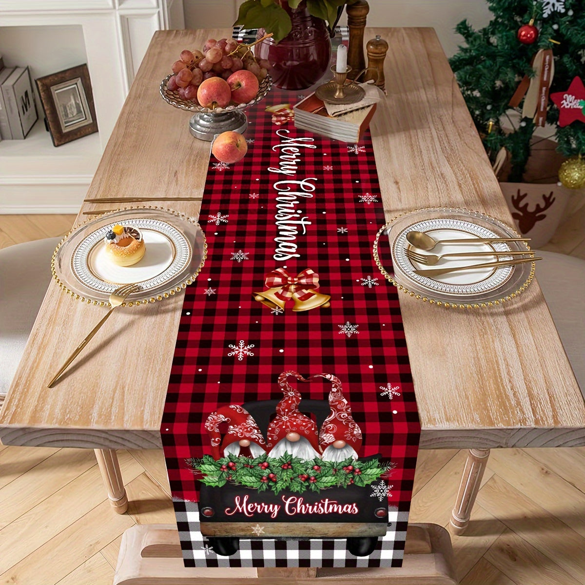 1PC Festive Christmas Gnome Table Runner - Woven Polyester Rectangular Dining Decor with Whimsical Driving Gnome Design, Vibrant Holiday Colors, and Durable Construction for Joyful Holiday Party & Christmas Gatherings, Perfect Festive Home Tabletop Access