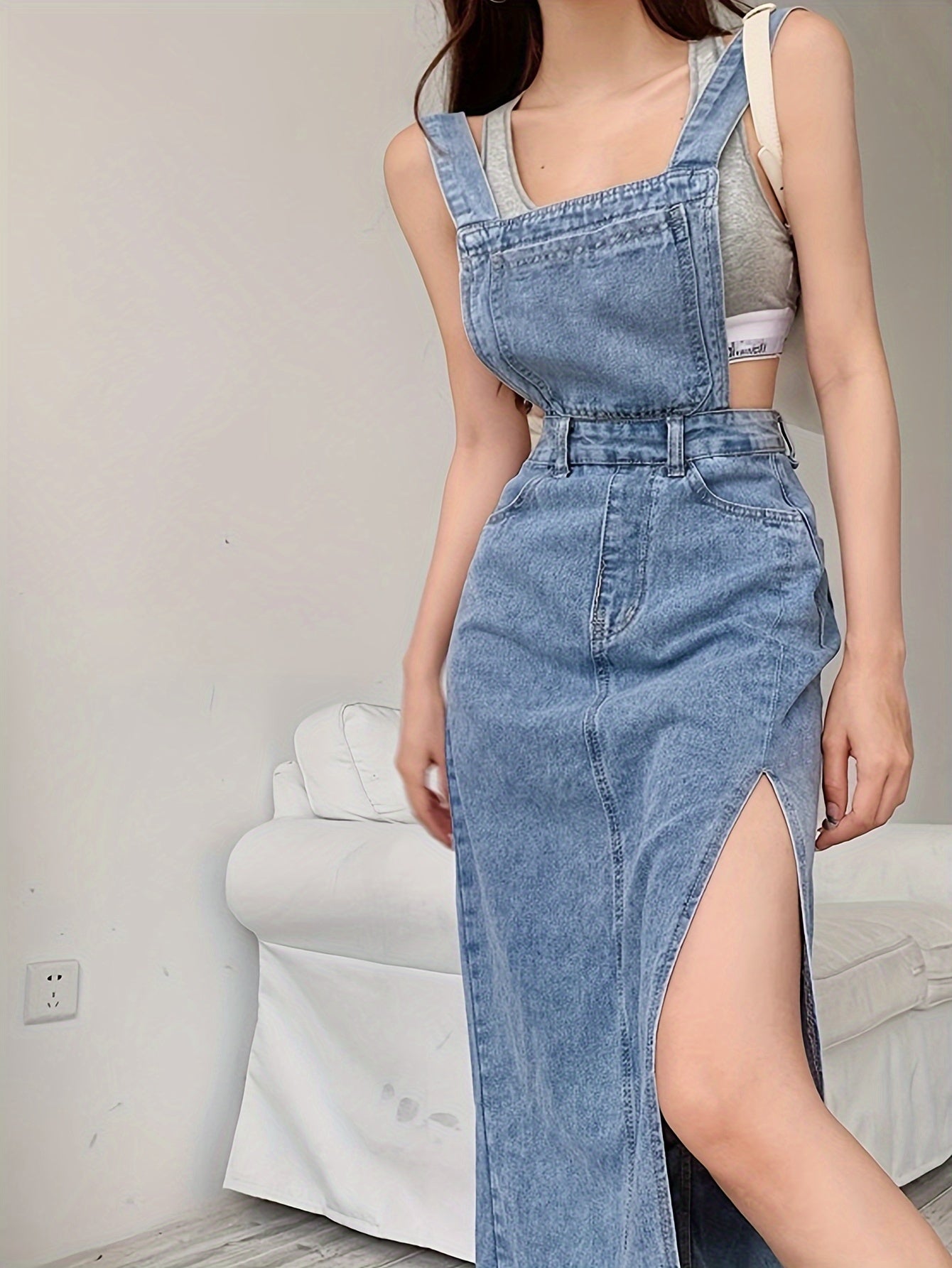Womens Vintage Distressed Denim Overall Dress - Flattering Frayed Hem, Side Slit & Adjustable Suspender Straps - Fashion-Forward Streetwear Style for the Stylish Woman - Casual Chic, All Seasons Wear