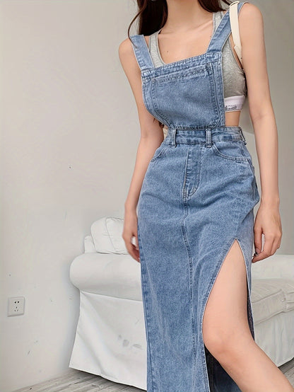 Womens Vintage Distressed Denim Overall Dress - Flattering Frayed Hem, Side Slit & Adjustable Suspender Straps - Fashion-Forward Streetwear Style for the Stylish Woman - Casual Chic, All Seasons Wear