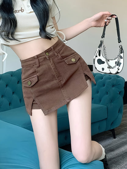 Chic Womens High-Waisted Split Skort - Flattering A-Line Design with Button Detail for Trendy Casual Style