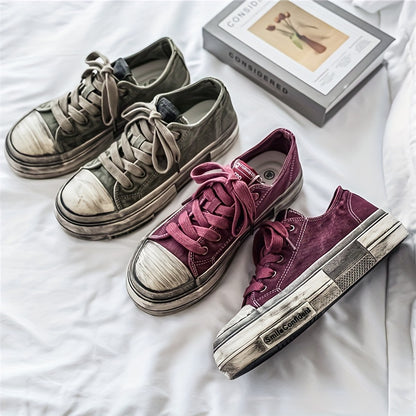 Authentic Vintage Style Men's Canvas Skate Shoes - Distressed Solid Color Lace-Up Low Top Sneakers with Round Toe for Casual Daily Wear, All-Season Fabric Lined Rubber Sole Skateboarding Shoes