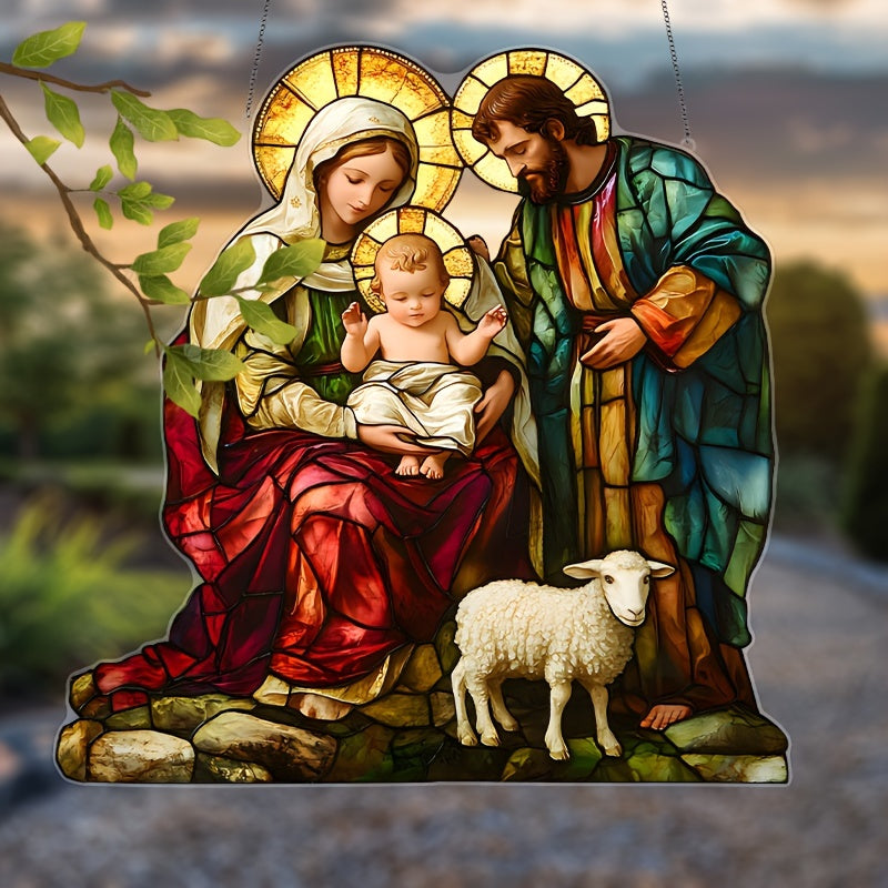 Holy Family Nativity Scene Suncatcher - 9"x9" Colorful Acrylic Window Hanging, Religious Decor for Home & Garden, Ideal Gift for Mom, Sisters, and Pastors