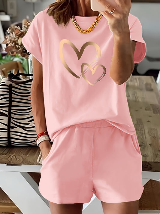 Trendy Two-Piece Heart Print Pantsuit - Casual Crew Neck Short Sleeve T-shirt & Elastic Waist Slant Pocket Shorts Outfit - Comfortable Women's Clothing for Daily Wear