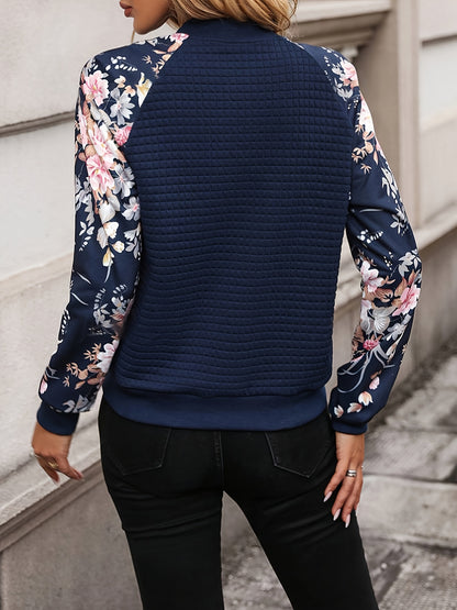 Vibrant Floral Print Waffle Jacket - Cozy Long Sleeve, Baseball Collar, Zip-Up Design, Soft and Breathable, Perfect for Spring and Fall, Women's Casual Outerwear