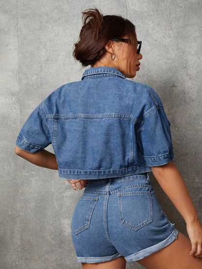 Stylish Denim Top - Sleek Short Sleeves, Eye-Catching Studded Accents, Classic Lapel Collar, Timeless Single-Breasted Design, Relaxed Fit for Everyday Wear - Womens Fashion, Part of Our Denim Collection