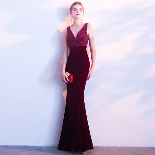 923 #winter full diamond velvet evening dress long double shoulder banquet toast dress slim and thin fishtail host