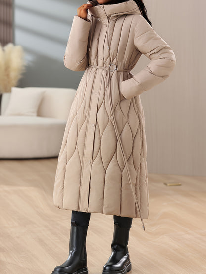 Chic Winter Hooded Coat for Women - Slim Fit, Thick Padded with Belt Detail, Long Sleeve, Machine Washable