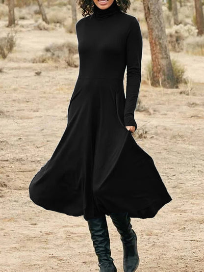 Midi Solid High Neck Long Sleeve Elegant Daily Dress for Women - Comfortable, Versatile, and Chic Clothing for Work, Date, or Casual Occasions - Perfect for Spring, Summer, and Autumn Seasons