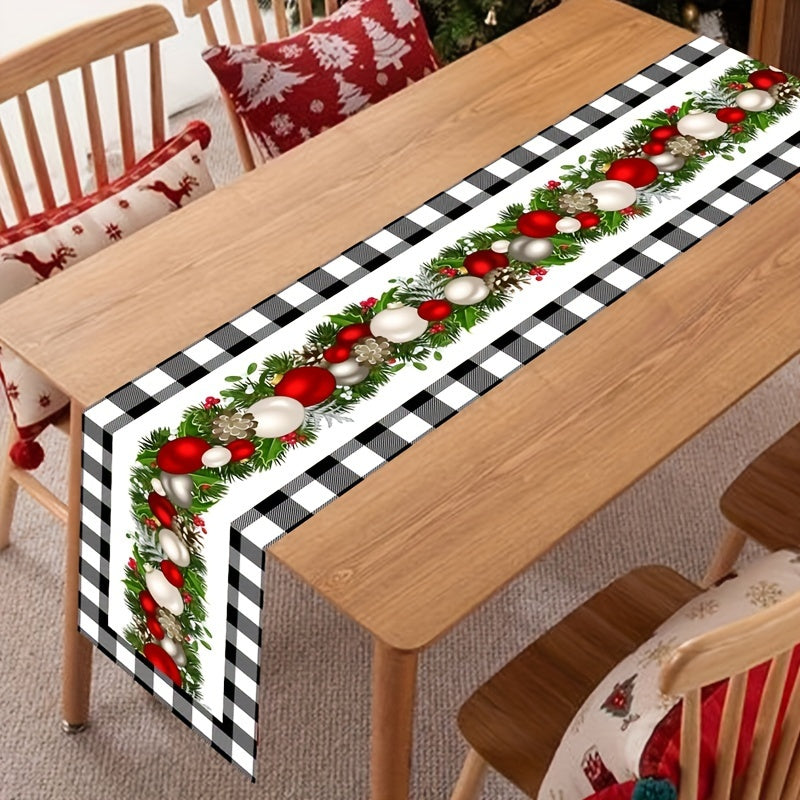 Christmas Table Runner - 1pc Polyester Buffalo Check with Festive Xmas Balls Print, Perfect for Home Decor, Holiday Gatherings, Wedding, Bridal Shower, Birthday, Anniversary - Machine-Washable Table Decor