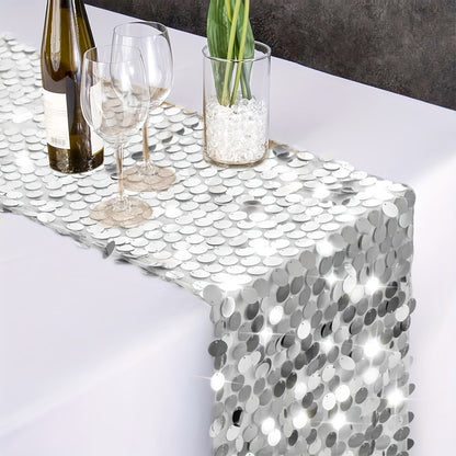 1pc Large Rectangle Premium Sequin Table Runner, 12X108inch Slivery Glitter Decor for Halloween, Christmas, Wedding, Birthday Party, Banquet, Home Supplies