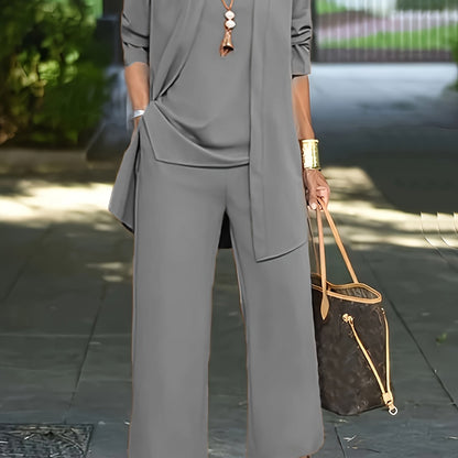 LOVECCR Casual Three-piece Solid Set, Long Sleeve Cardigan & Top & Long Pants Outfits, Women's Clothing
