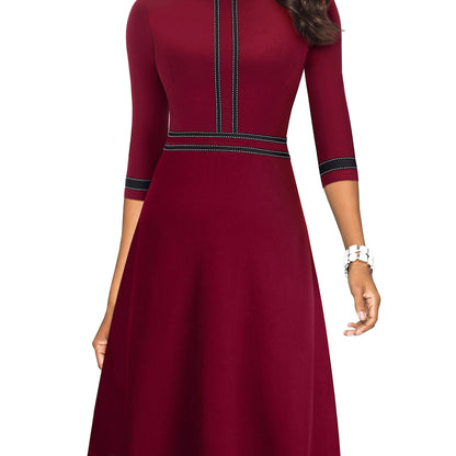 Chic Crew Neck A Line Dress with Flattering 3/4 Sleeves - Timeless Knee-Length Style for Multiple Occasions - Premium Womens Clothing