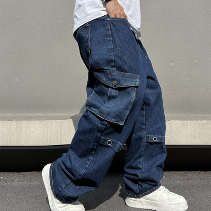 Men's Casual Loose Fit Jeans, Chic Street Style Multi Pocket Denim Pants