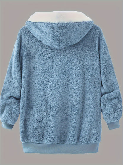 Stylish Long Sleeve Drawstring Hooded Coat - Wool & Blends Coat for Women - Fall and Winter Casual Wear, Zip Up, Solid Color, Comfortable and Warm