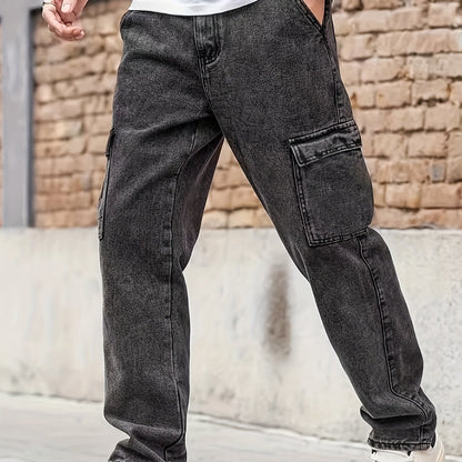 Men's Casual Loose-Fit Jeans - Cotton Blend, Non-Stretch Denim with Pockets, Machine Washable - Perfect for All Seasons