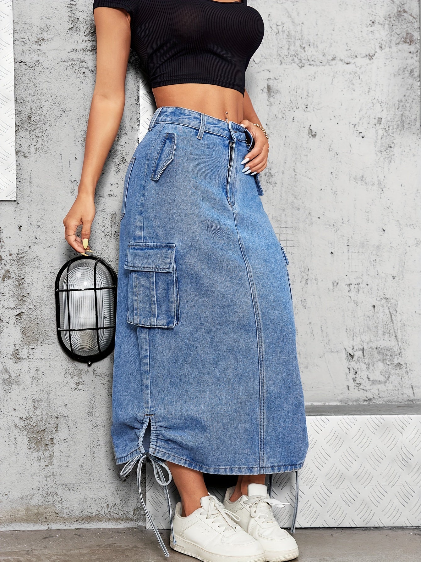 Womens Classic Maxi Denim Skirt - Soft Light Washed Blue with Adjustable Side Drawstring, Stylish Multi-Pocket Cargo Design, and Durable Denim Material for Comfortable Everyday Wear