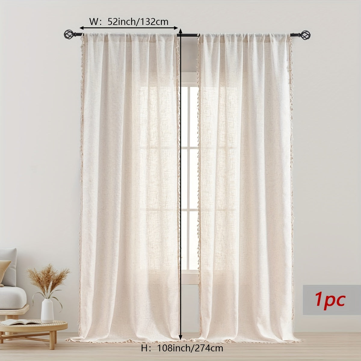 1pc Luxurious Bohemian Cotton and Linen Lace Curtain with Tassel - Elegant Rod Pocket Design for Kitchen, Bedroom, Study, Cafe, Living Room - Home Decor Essential with Natural Texture and Chic Style