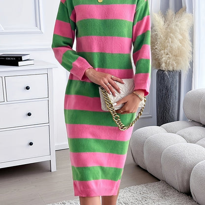 Cozy Stripe Pattern Long Sleeve Knit Dress - Soft Crew Neck, Split Hem, Loose Fit, Winter & Fall Essential - Women's Casual Clothing for Everyday Wear